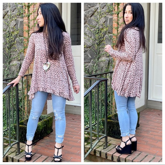 Leopard print loose fit ruffle hem tunic top - Picture 2 of 7